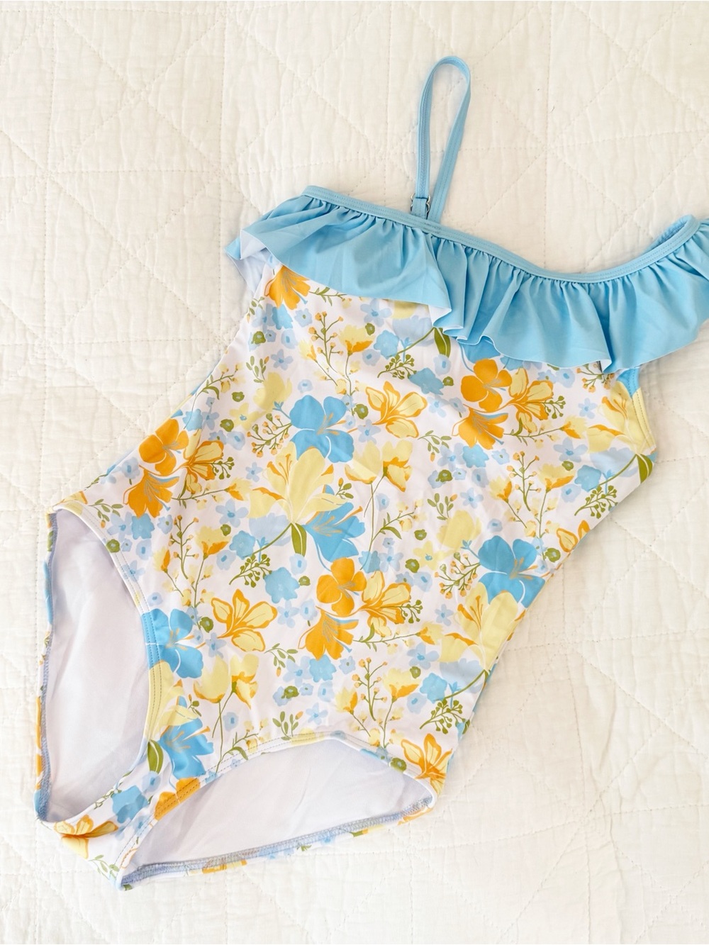 NEW PatPat Blue and Yellow Floral Ruffle One-Piece Swimsuit 11-12 Years Old NWOT